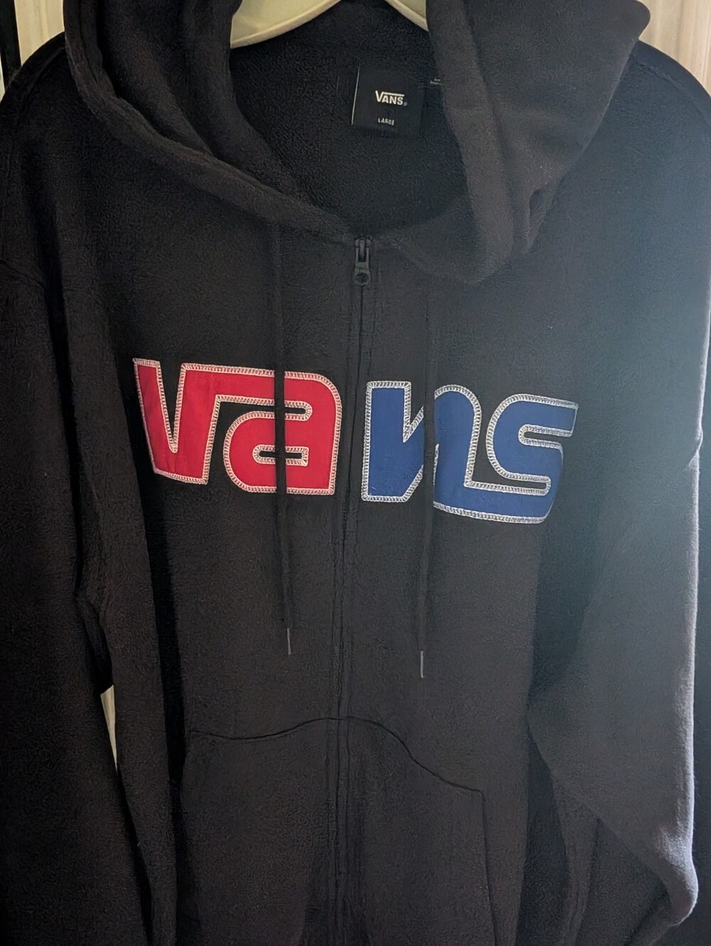 Vans Men's Black Zip Hoodie with Red & Blue Logo